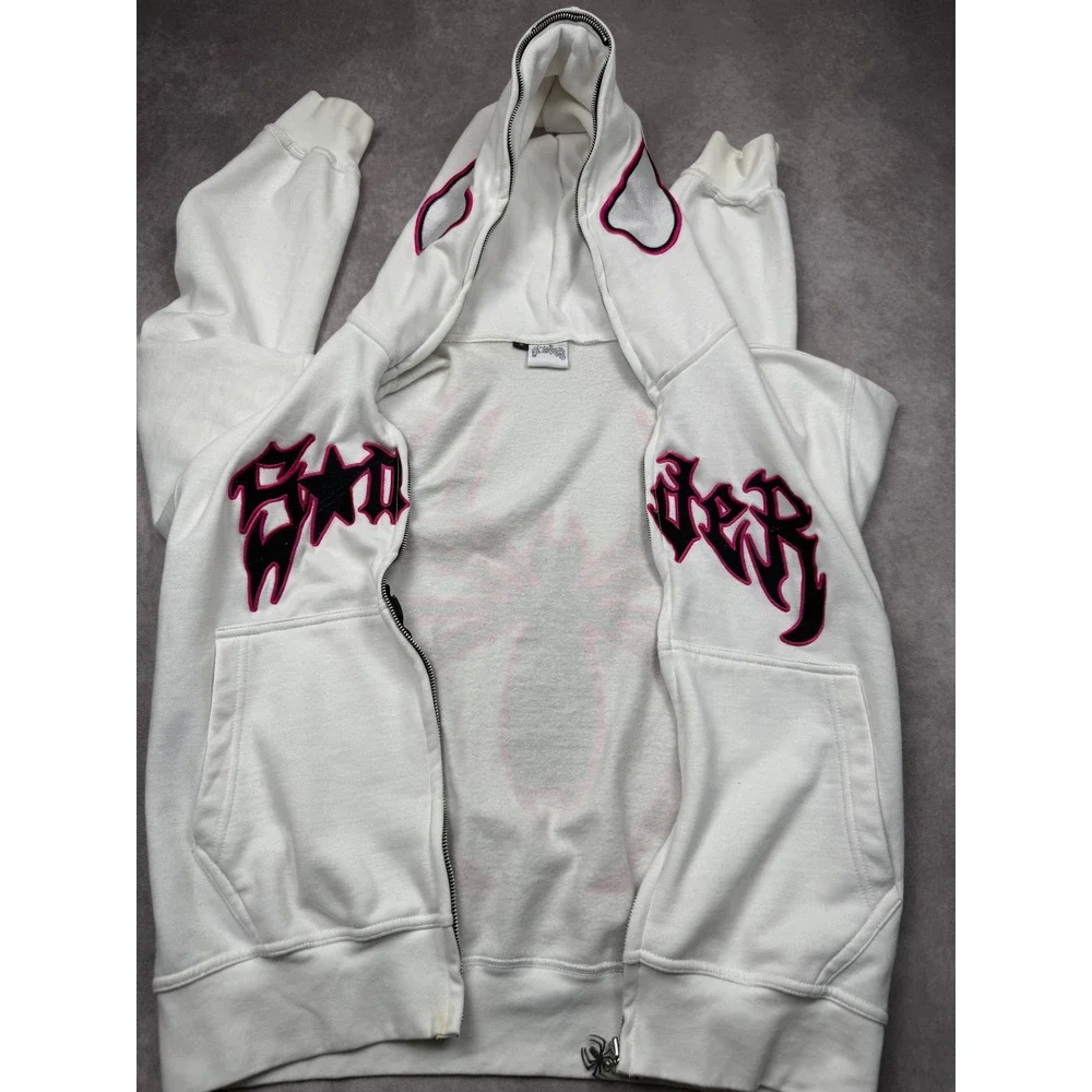 Spider Worldwide Y2K Full Zip Hoodine Face Mask Eyes White Pink Adult S Oversize